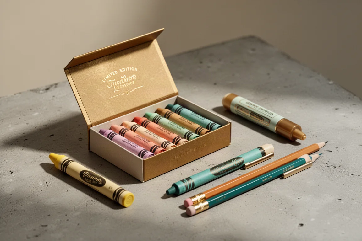 Ein limitiertes Wachsmalstifte-Set mit Retro-Filzstiften und Buntstiften auf einer Betonfläche