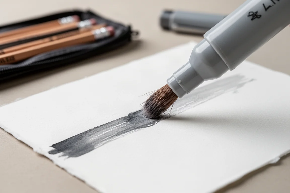 Penna med dubbla spetsar mitt i ett drag på mixed media-papper som visar strimmig täckning