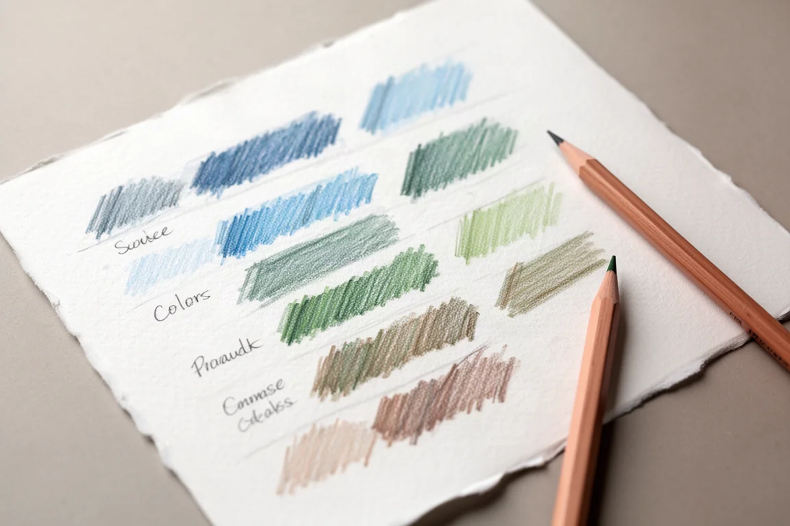 Cartas de muestras de color hechas a mano dibujadas sobre papel de dibujo blanco