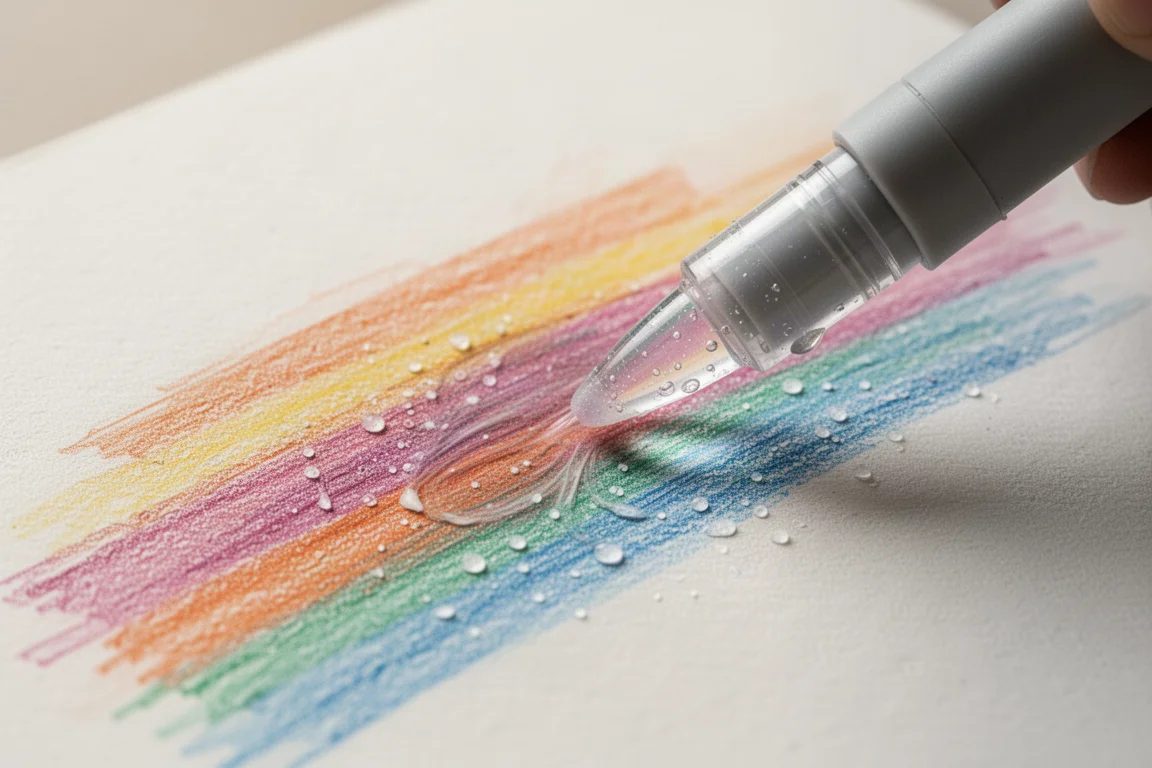 Pluma casera de alcohol diluido extendida sobre trazos de lápiz en papel de dibujo
