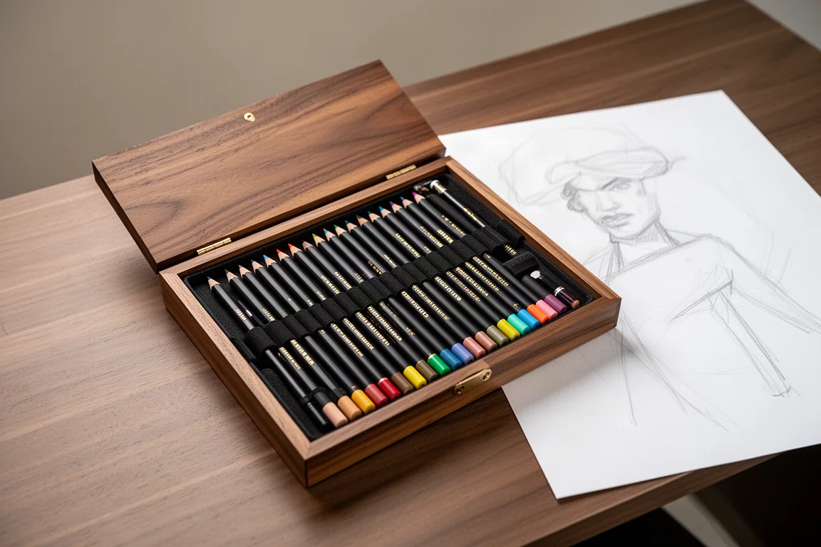 Estuche grande premium de lápices de colores de madera abierto sobre un escritorio