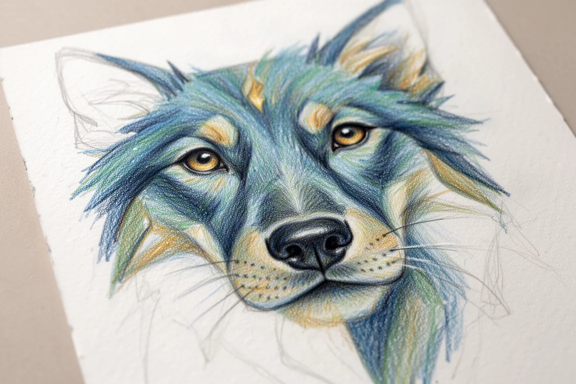 Obra detallada a lápices de colores de la cara de un animal en tonos azules y verdes emergiendo sobre papel texturizado