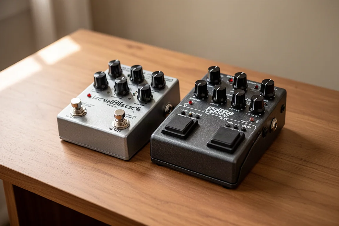 Two guitar pedals side by side showing the size difference between the White Whale Jr. and the White Whale Senior