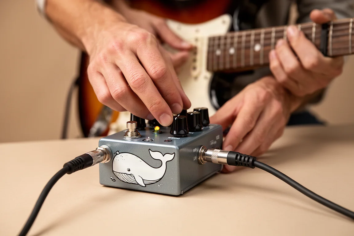 Close-up of a guitar player's hands adjusting knobs on a compact spring reverb pedal