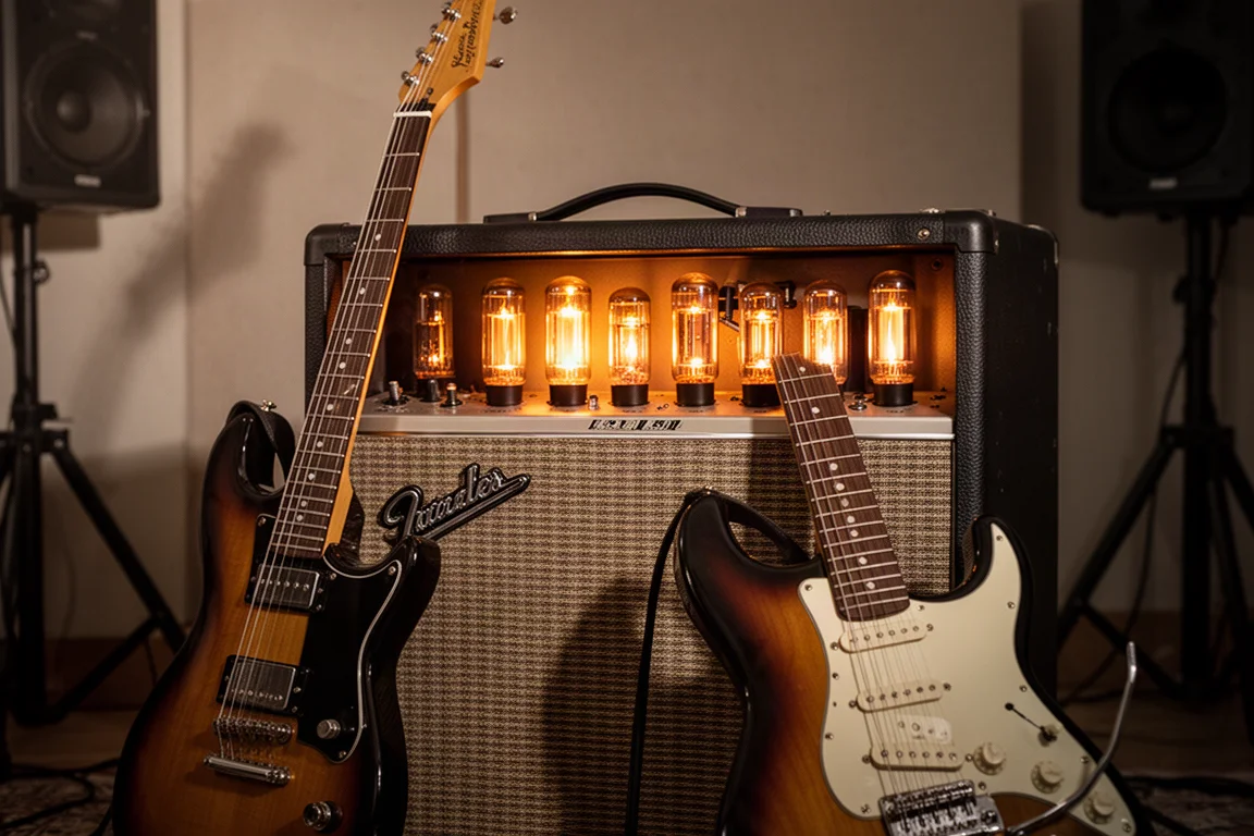 Guitar amplifier with glowing tubes in a dimly lit studio