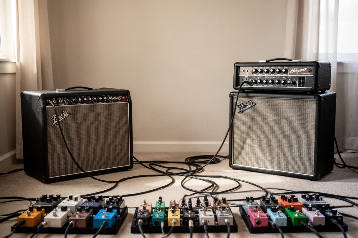 Two guitar amplifiers set up for a stereo rig in a home studio
