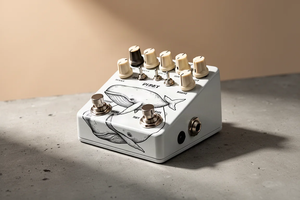 Crazy Tube Circuits White Whale Jr. 吉他效果器，置於霧面水泥表面上，帶有白鯨圖案