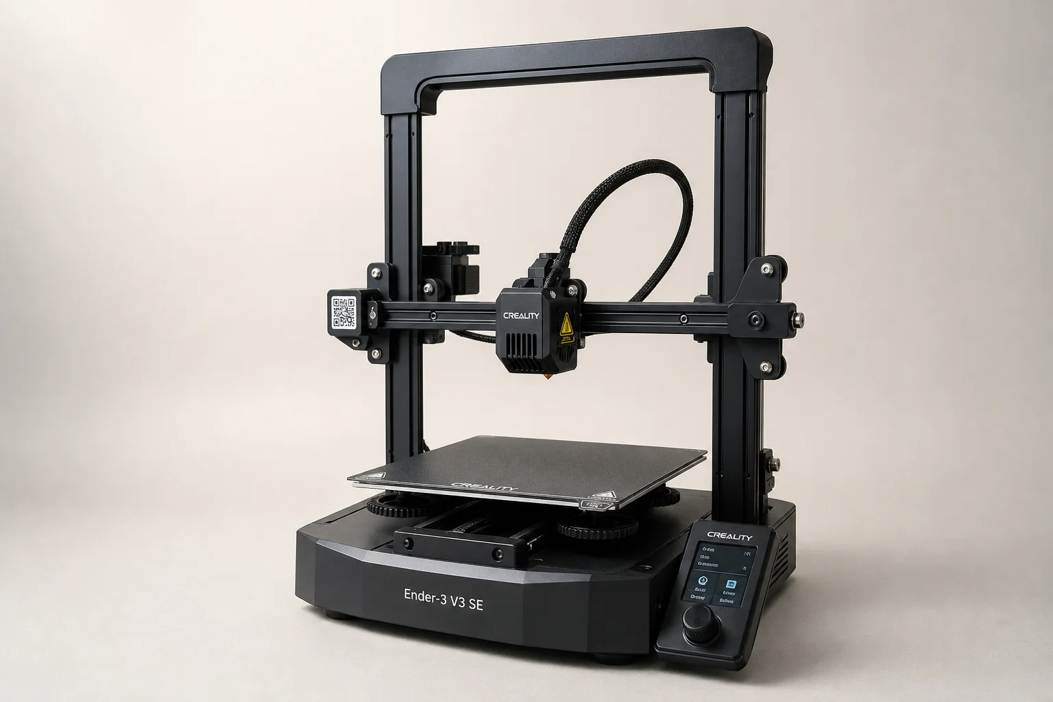 Six imprimantes 3D disposées par taille et par capacité sur une surface en béton