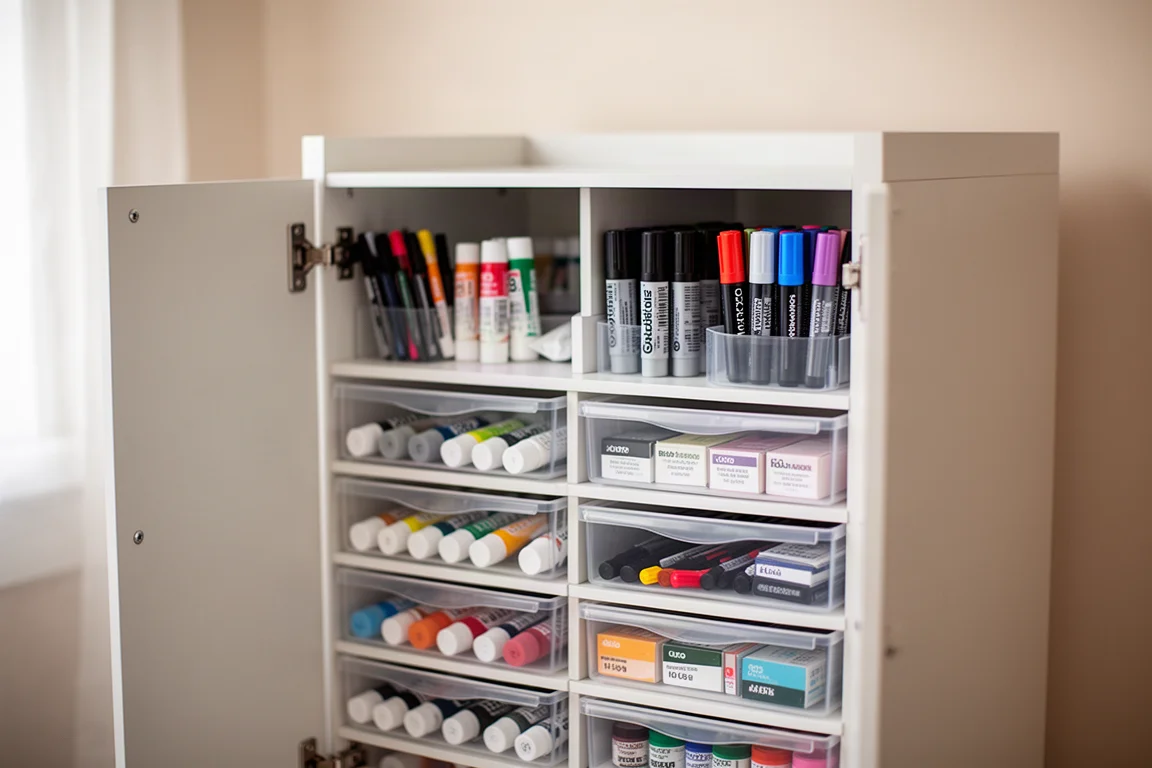 Interior of a craft storage cabinet filled with organized paints and markers