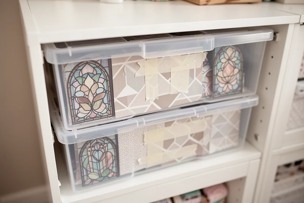 Patterned paper lining the front of clear storage drawers