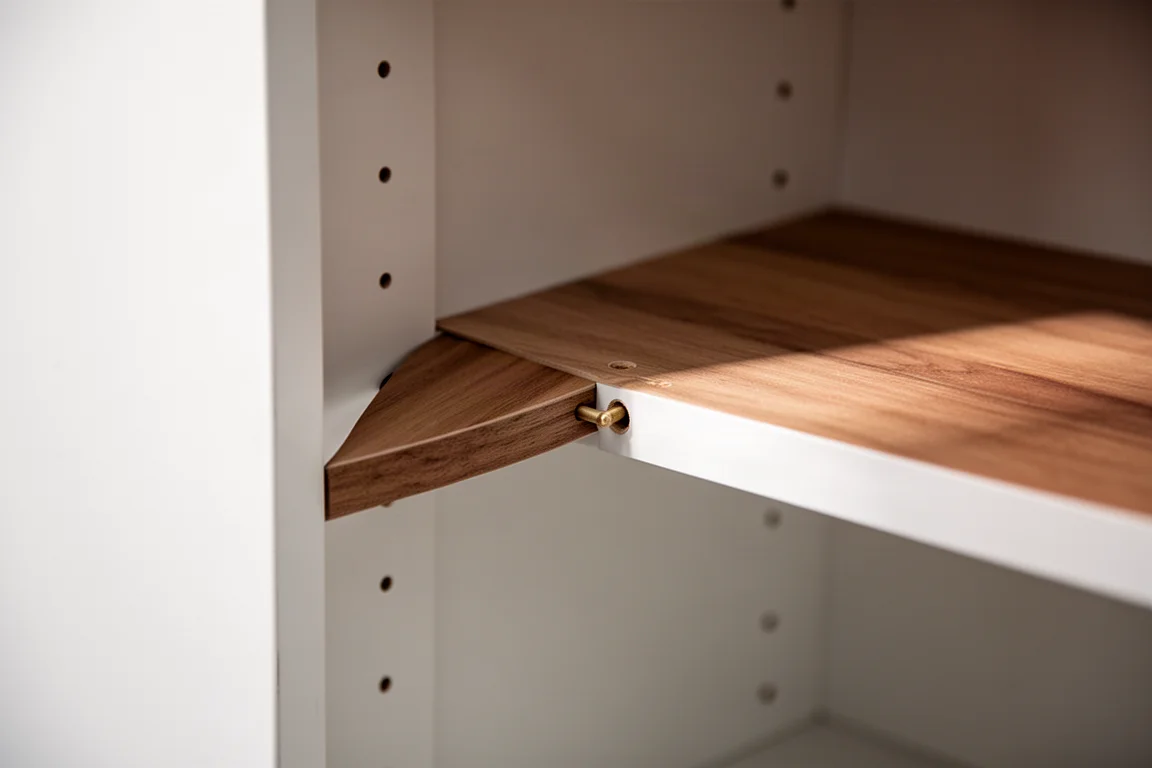 A storage shelf bowing outward under weight inside a wooden cabinet