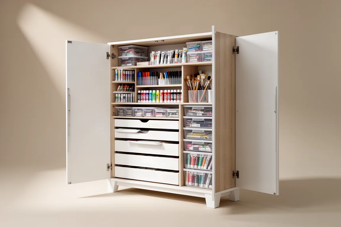 Create Room DreamBox 2 Bastelschrank mit geöffneten Seitenpaneelen, die ordentlich sortierte Kunstbedarfsmaterialien zeigen