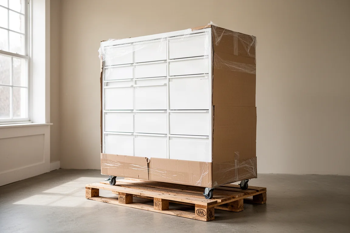 Un gran mueble de manualidades independiente entregado sobre una paleta de madera