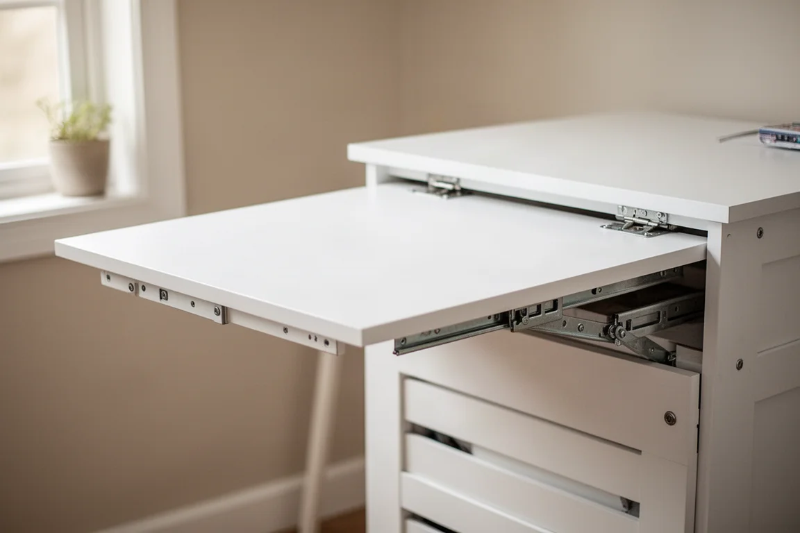 Una mesa de trabajo plegable extendida desde un mueble de manualidades sin patas de apoyo