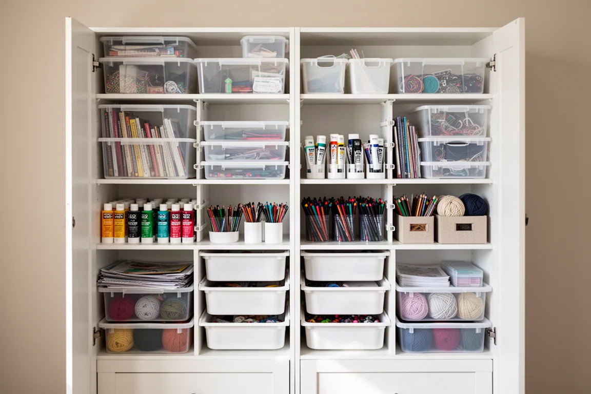Interior de un mueble de manualidades lleno de totes organizados, estantes y material de arte