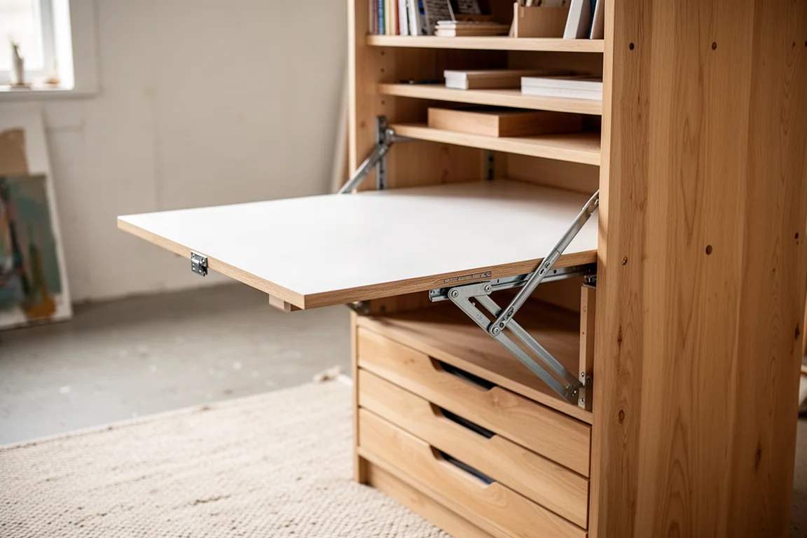 Uitgeklapte houten bureau-tafel van een knutselopbergkast in een lichte studio