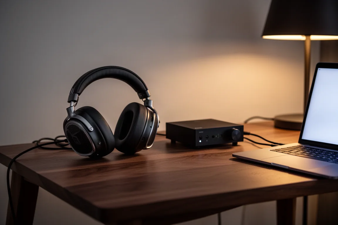 Auriculares y un DAC de sobremesa compacto sobre un escritorio de madera junto a un portátil al atardecer