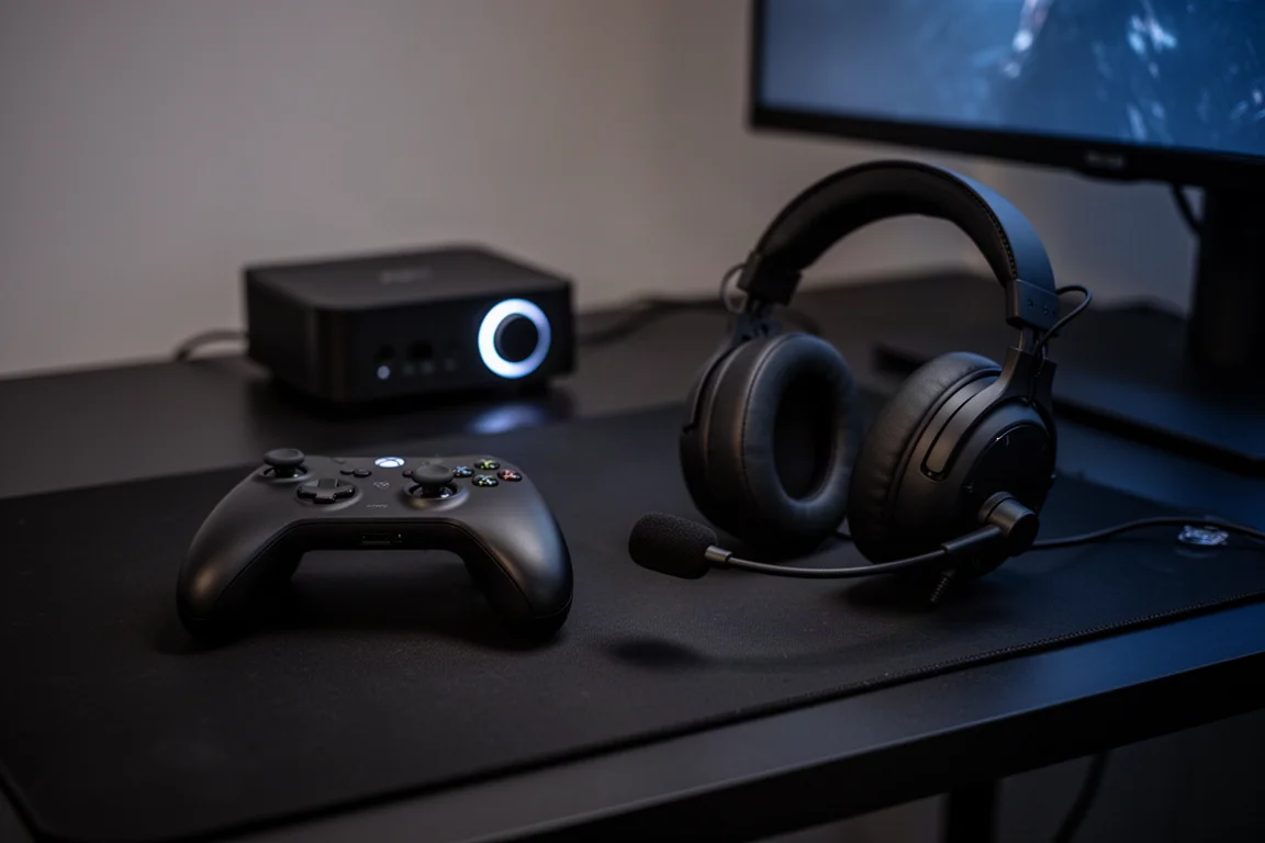 Auriculares gaming y mando sobre un escritorio oscuro con una unidad de audio de sobremesa por la noche