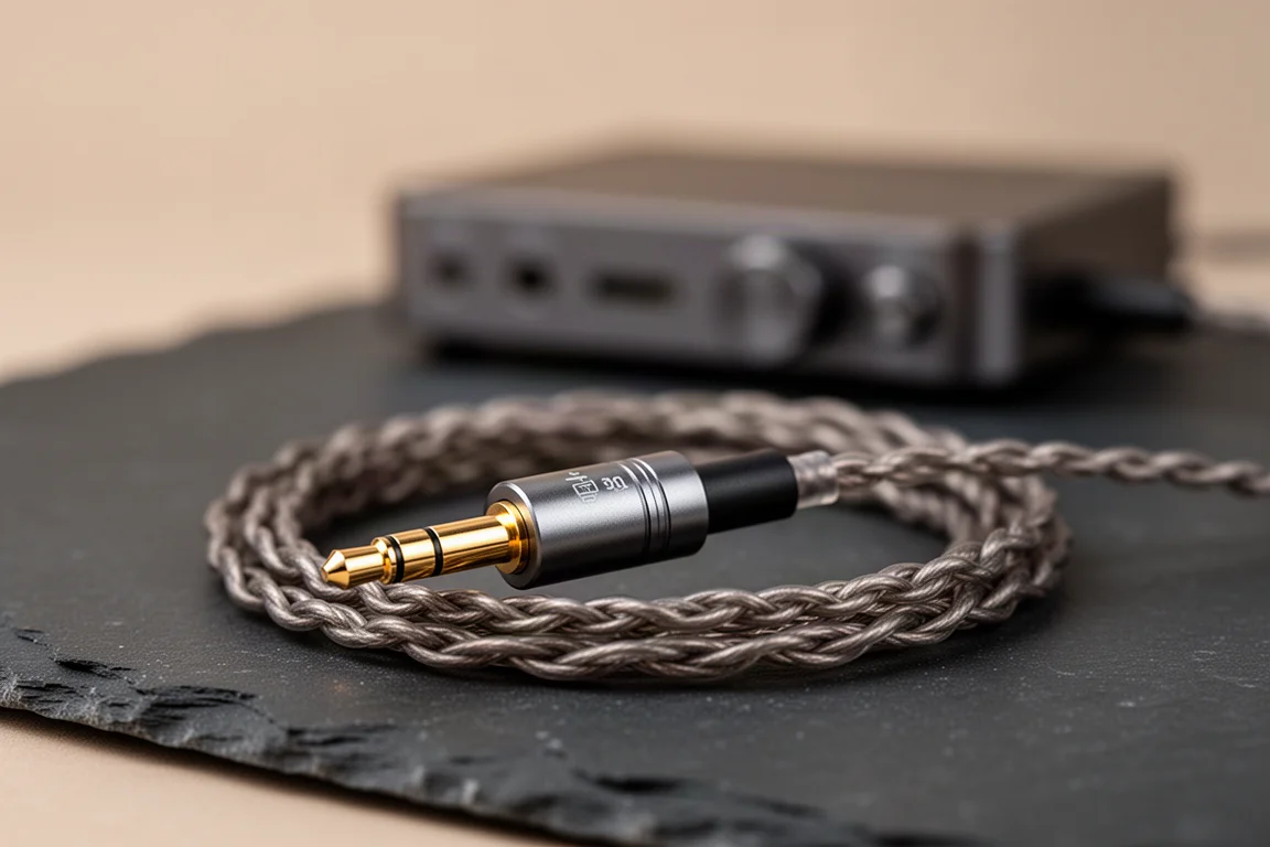 Primer plano de un conector de auriculares balanceado de 4,4 mm y cable trenzado sobre pizarra