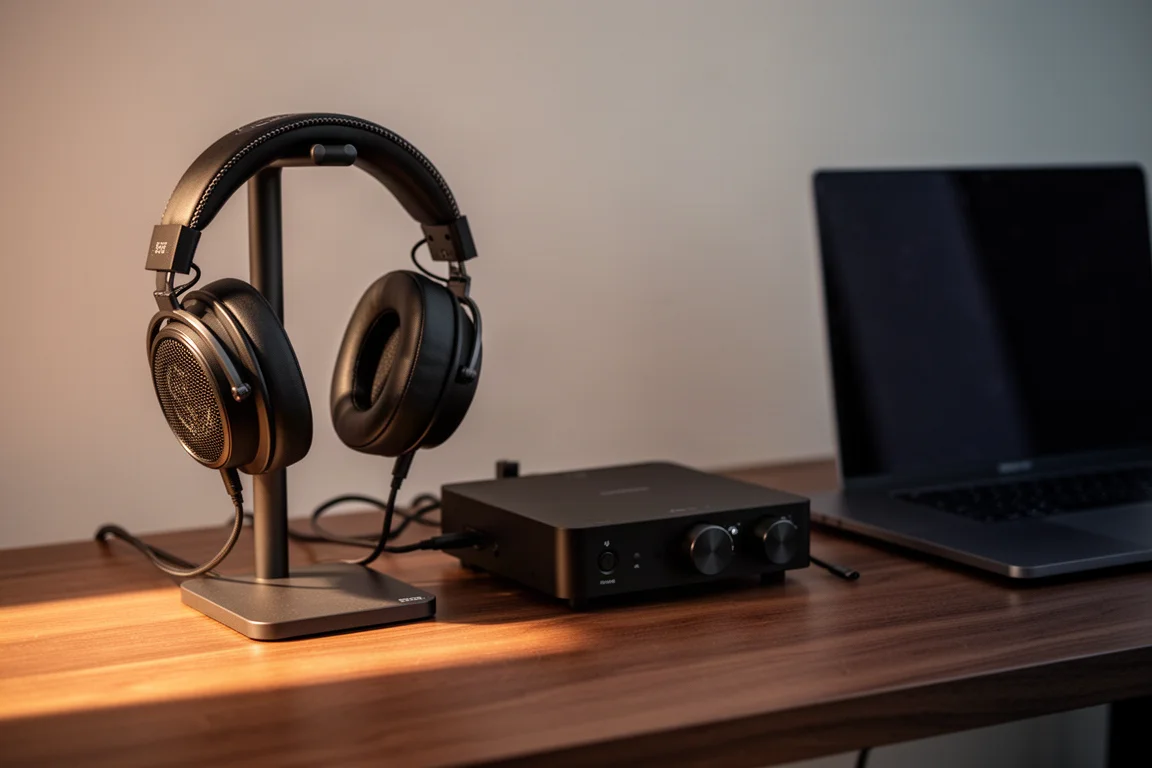 Auriculares abiertos sobre un soporte junto a una unidad de audio de sobremesa compacta con luz cálida