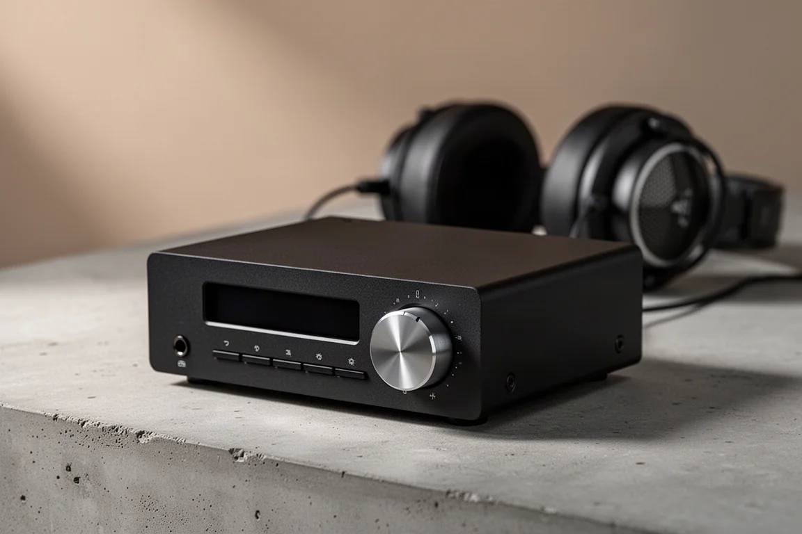 Compact desktop headphone amp and DAC on a concrete surface with headphones behind