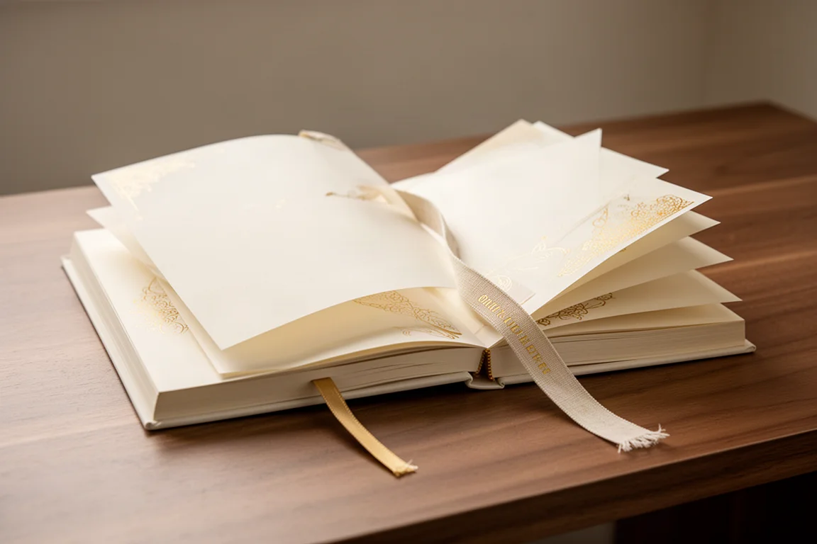 Thick sketchbook with gold foil cover lying open on a wooden desk