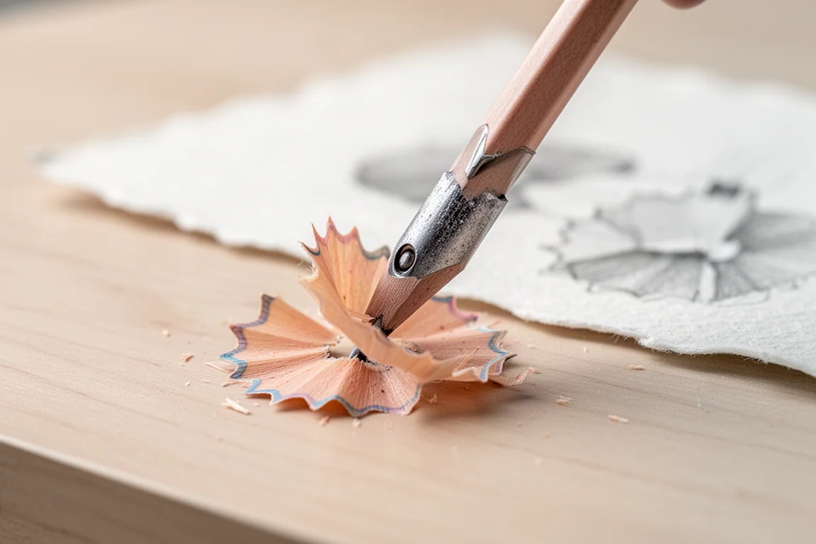 Hand sharpening a pastel pencil over a desk with paper shavings