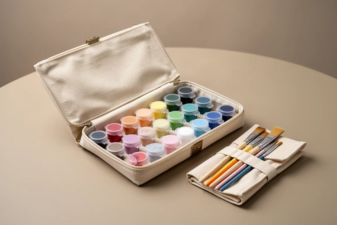 Open paint case with muted pastel paint pots arranged in rows