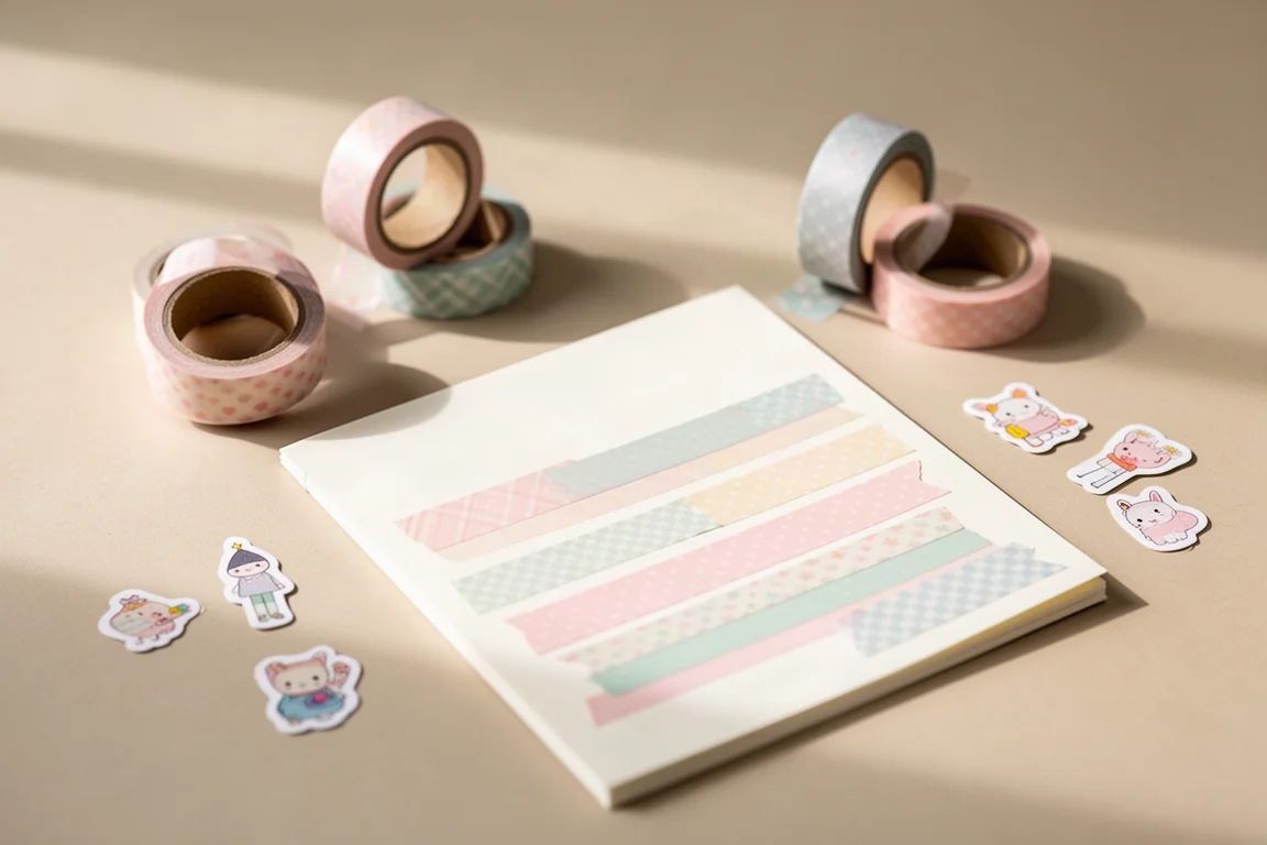Washi tape rolls and decorated notebook pages on a craft table