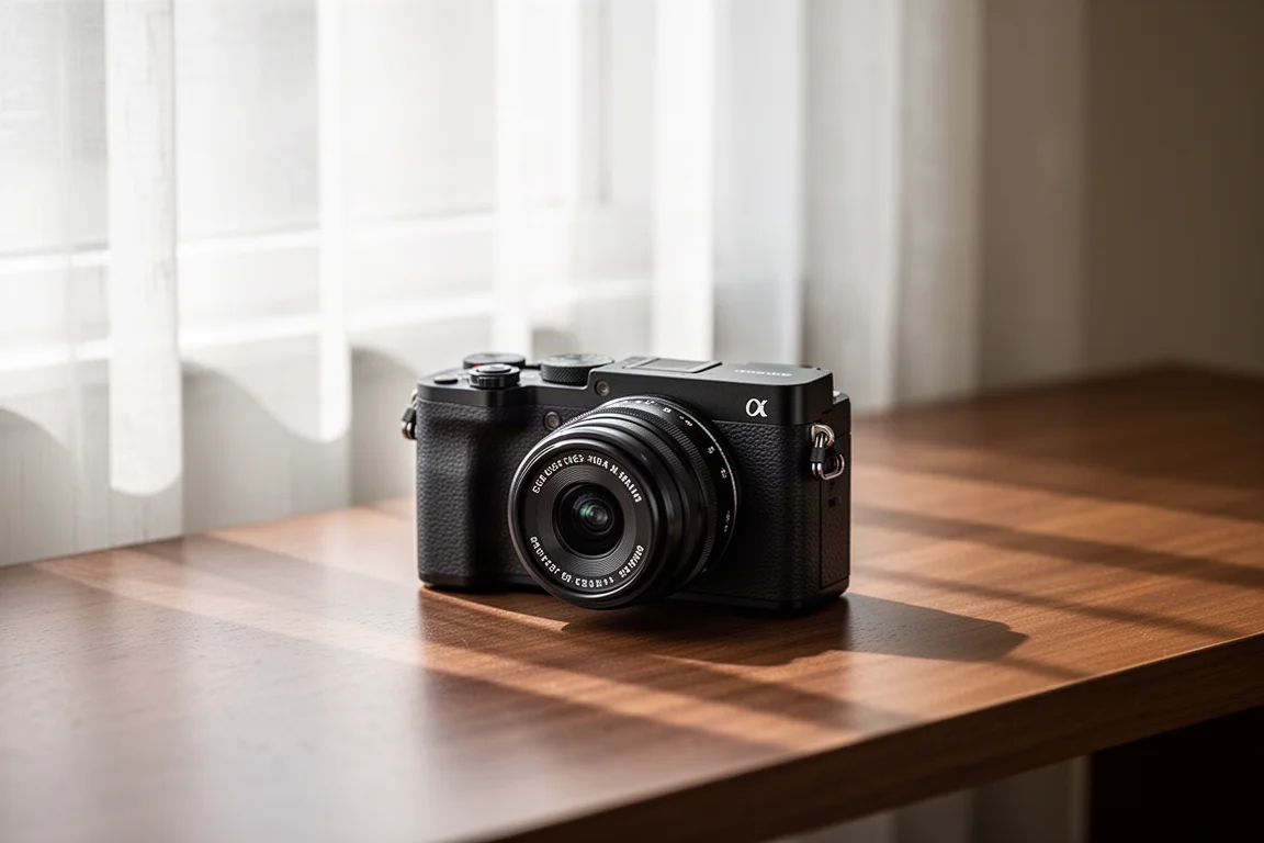 Compact mirrorless camera resting on a wooden desk near a window