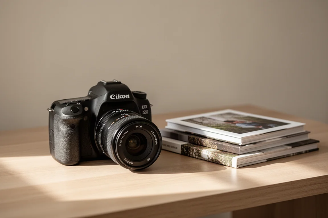 DSLR with a 50mm lens beside printed photo books on a desk