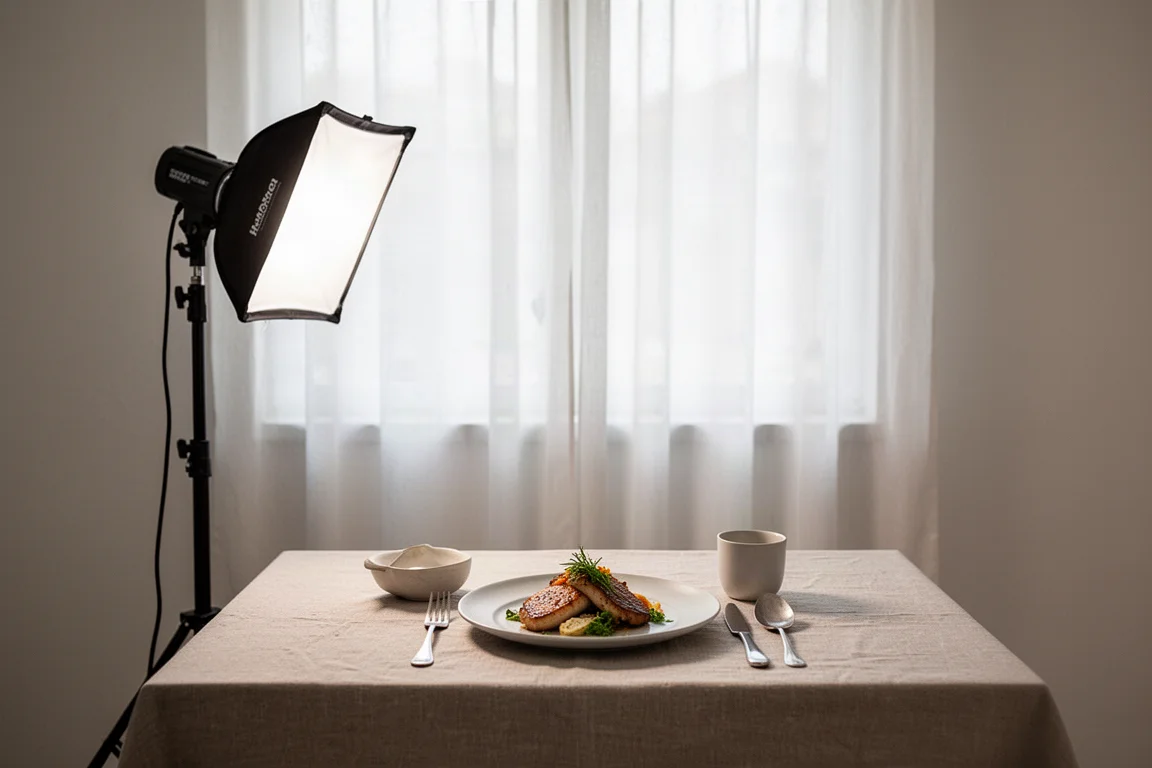 Softbox light illuminating a food photography table near a window