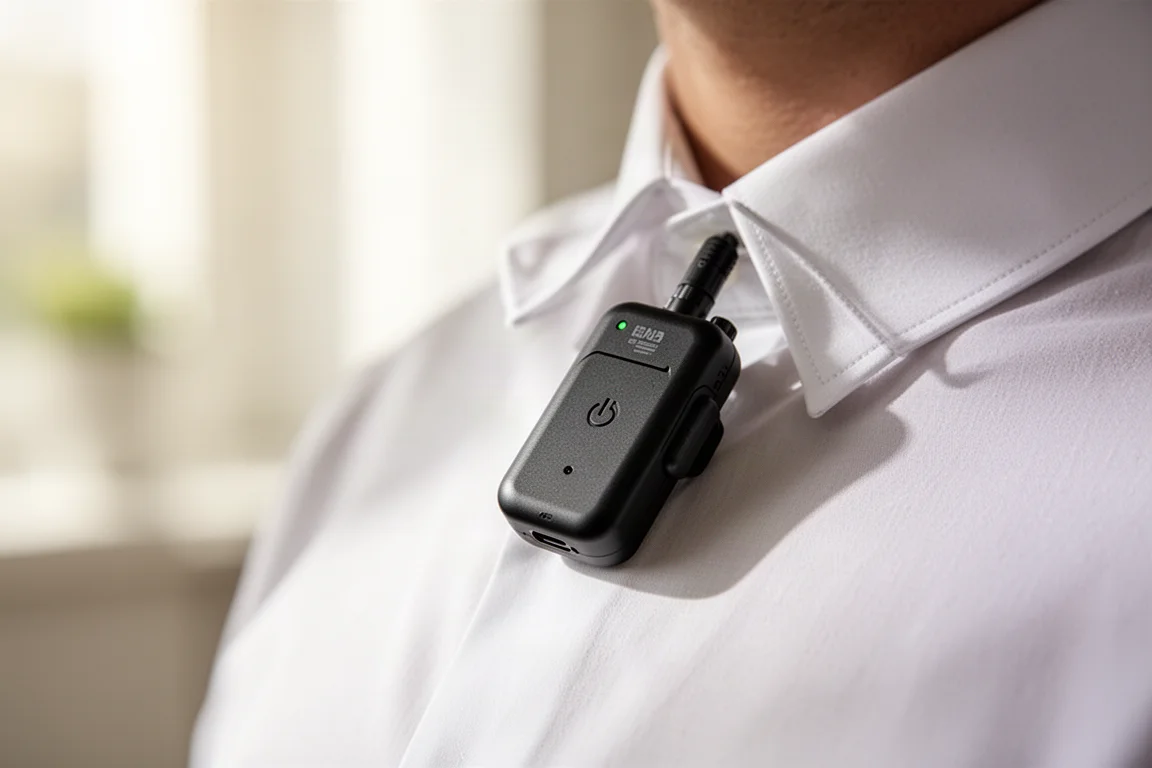 Small wireless microphone clipped to a shirt collar in a bright room