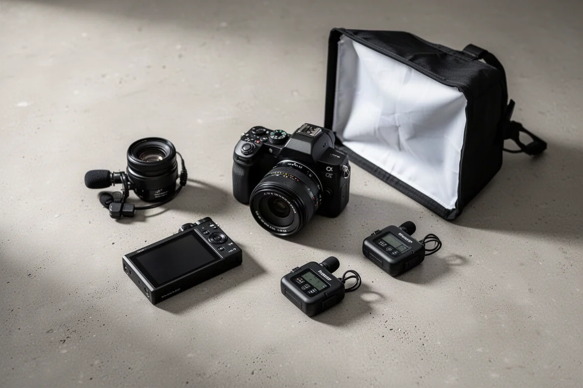 Matériel de créateur à plat avec appareil hybride, reflex, softbox et micros sans fil sur du béton