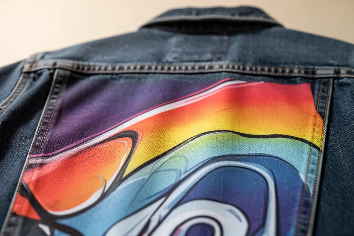 Närbild på färgstark sublimerad konst printad i denimtyget