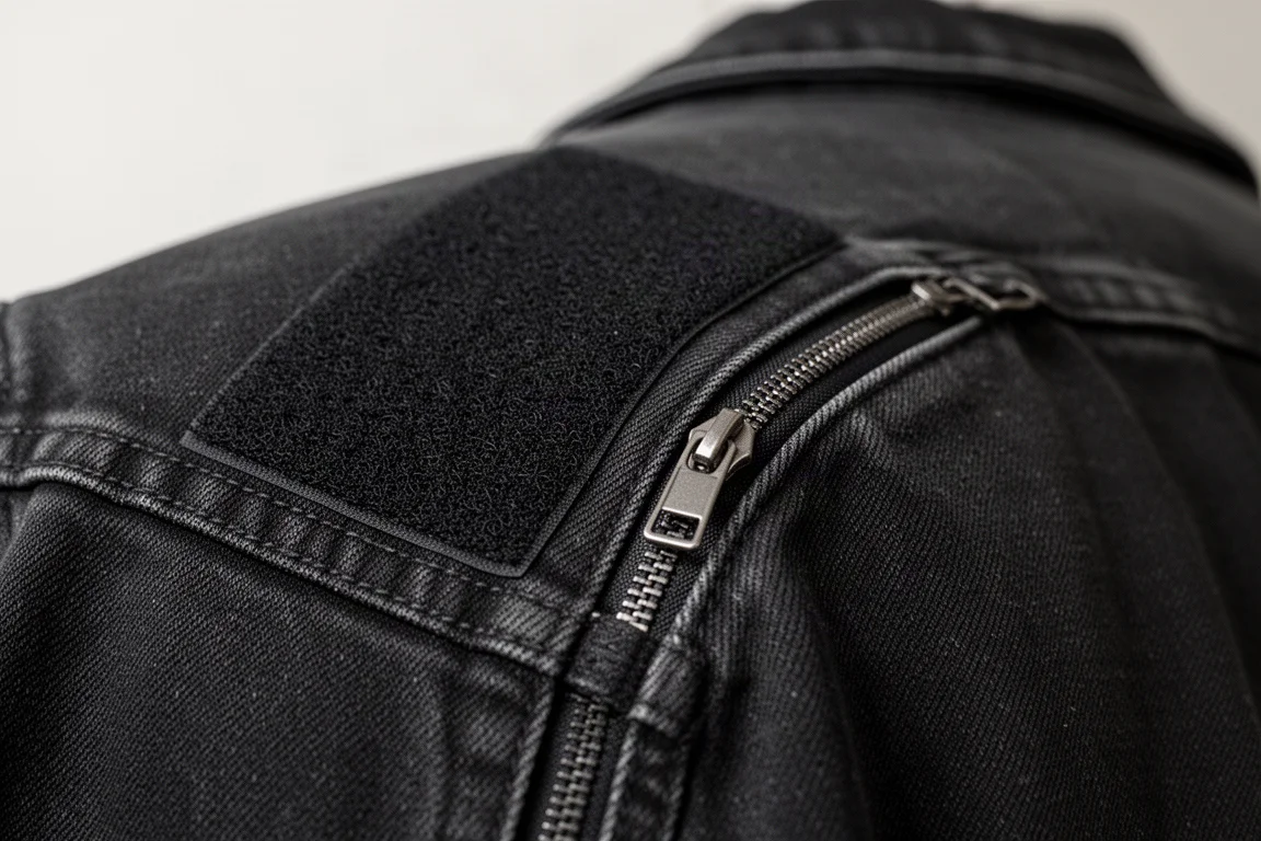 Närbild på en kardborrekant och hörnet på en avtagbar denimbakpanel