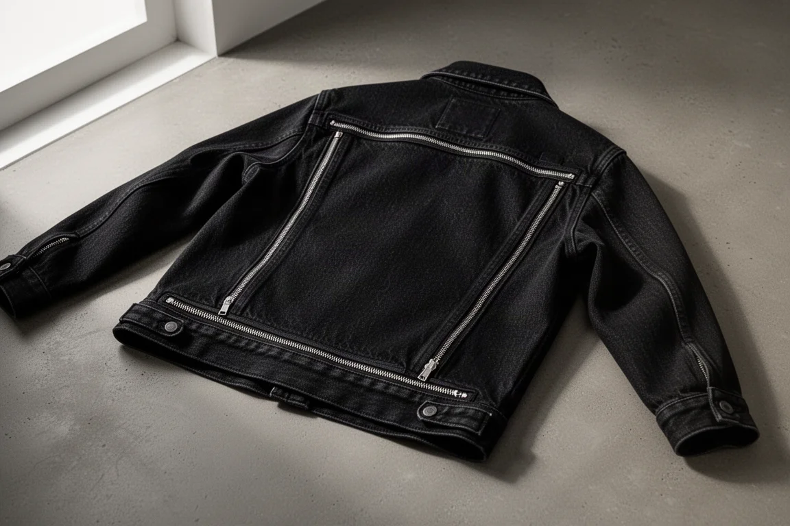 Deep black denim jacket laid flat showing its modular back panel
