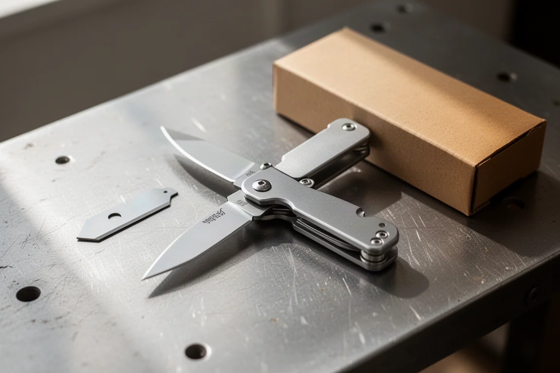 Metalen opvouwbaar huishoudmes met een extra mesje en verpakking op een werkbank