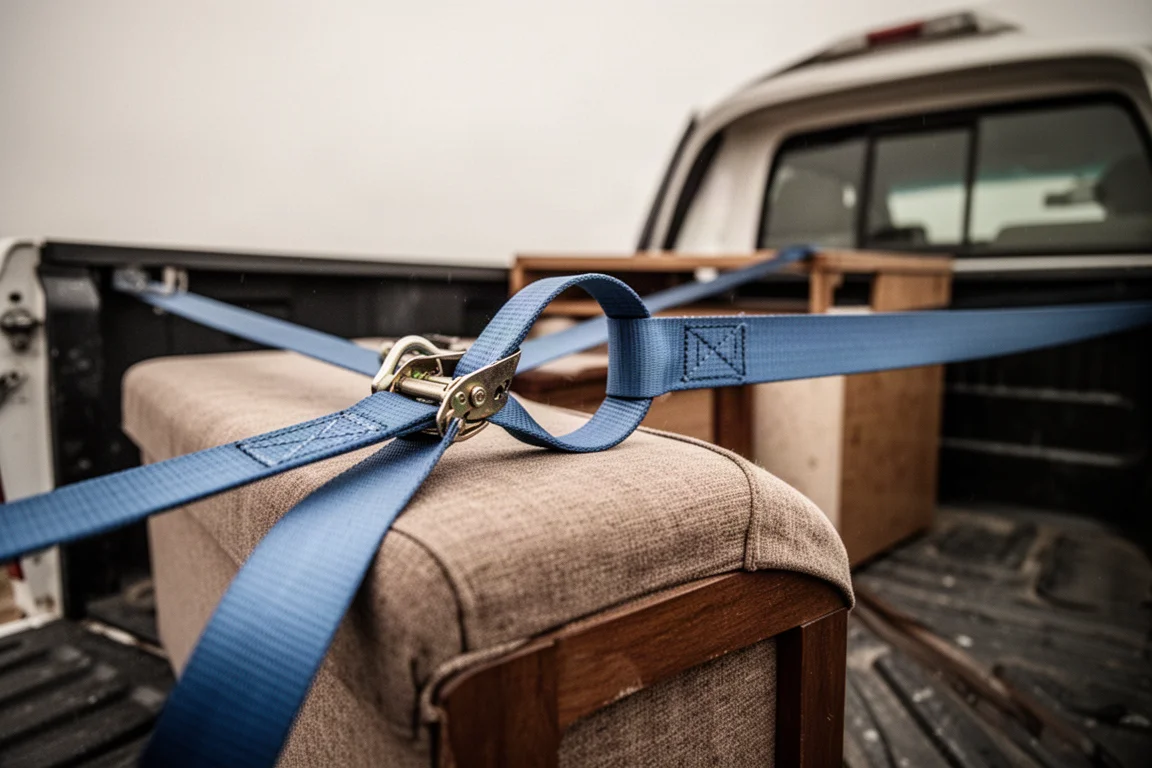 Blauwe spanbanden die spullen vastzetten in de laadbak van een pick-up