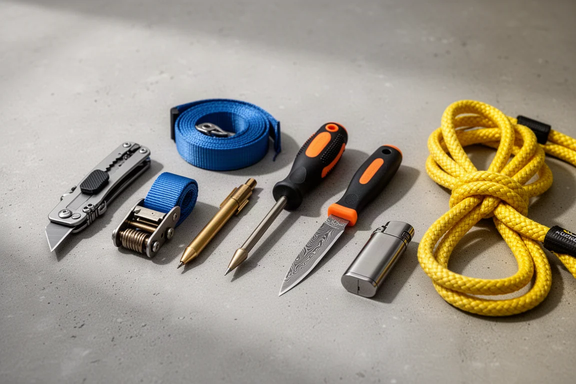 Seven creator-made tools arranged in a row on a concrete surface