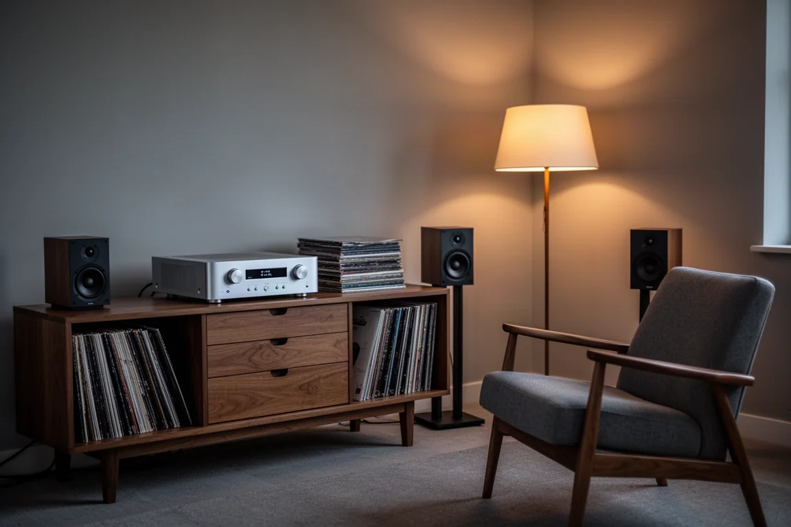 Sala de escucha tranquila al atardecer con un amplificador compacto, discos y altavoces compactos sobre soportes