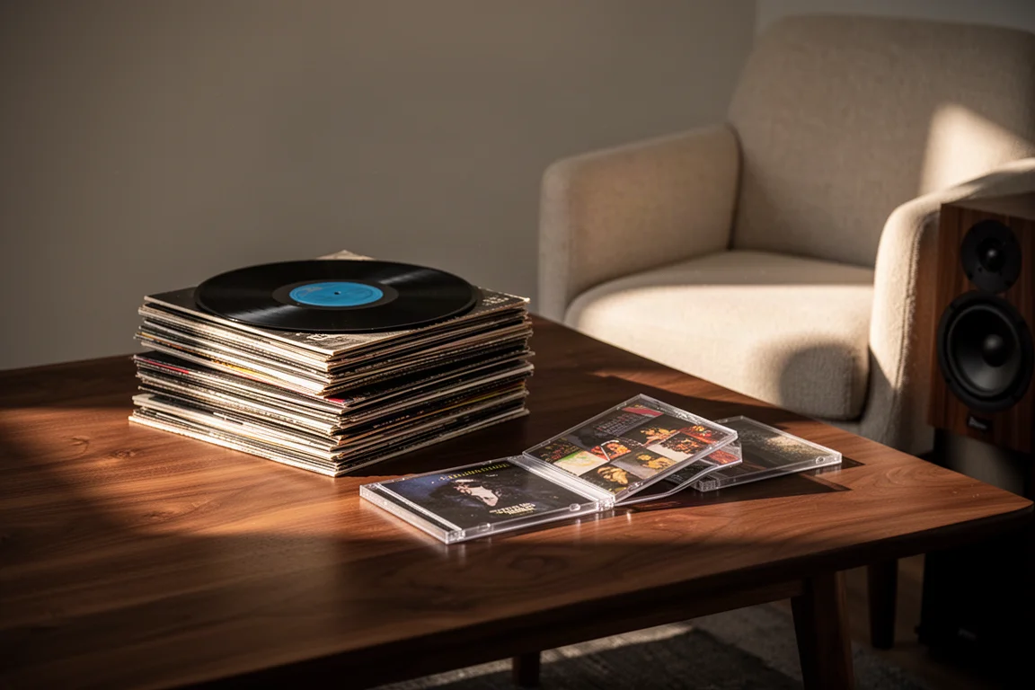 Pila de discos de vinilo y carátulas de CD abiertas sobre una mesa de nogal junto a un sillón de escucha iluminado