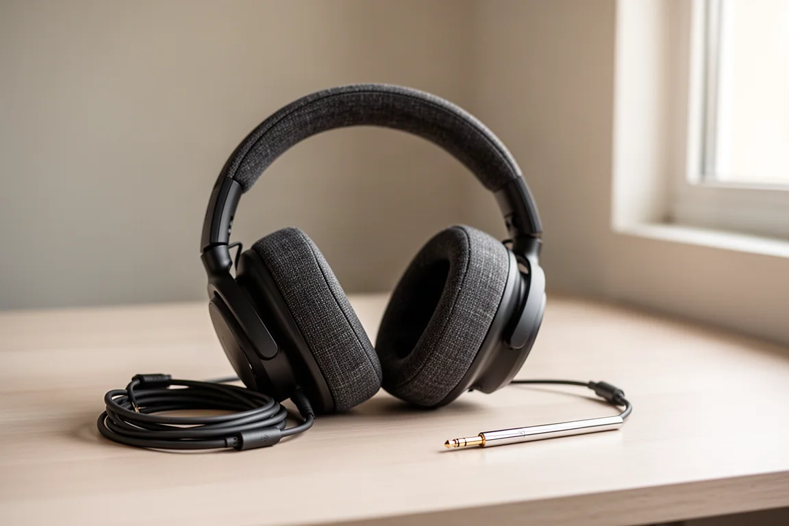 Auriculares circumaurales sobre un escritorio de madera junto a un cable enrollado y una clavija de auriculares