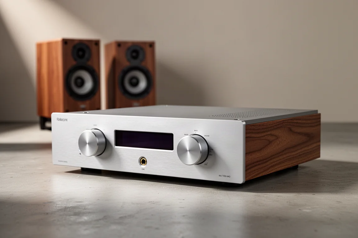 Silver hi-fi integrated amplifier with two rotary knobs on a concrete surface with speakers behind