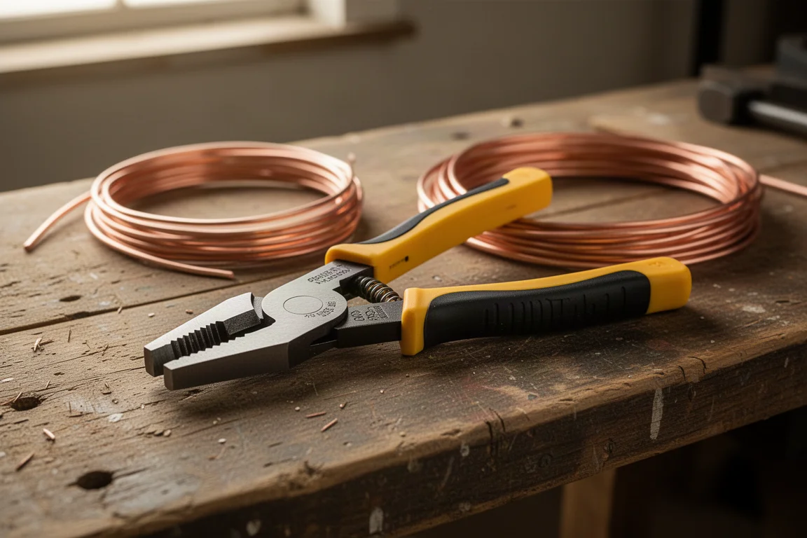 Combination plier and wire stripper tool resting on a workshop bench