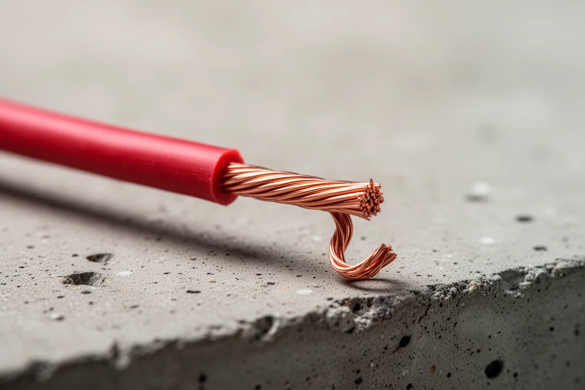 Cleanly stripped copper wire end showing a smooth insulation cut