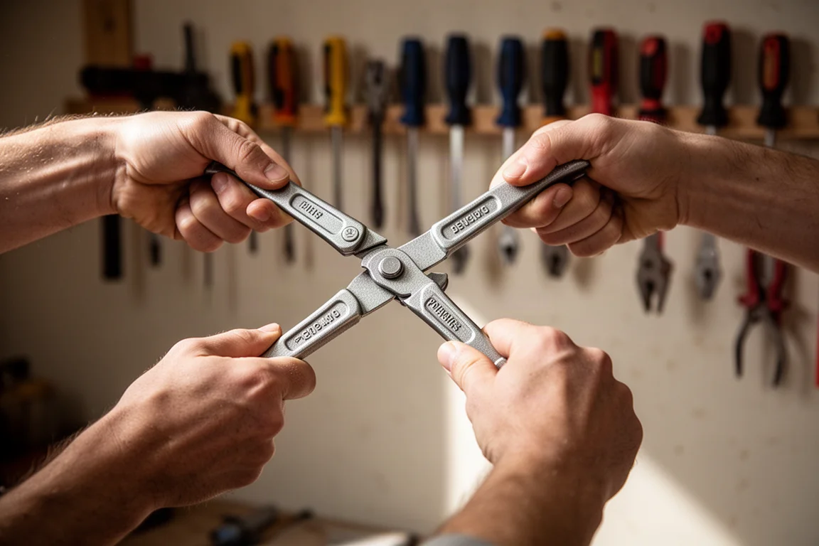 Hands testing joint flex of a plier under a bright work light