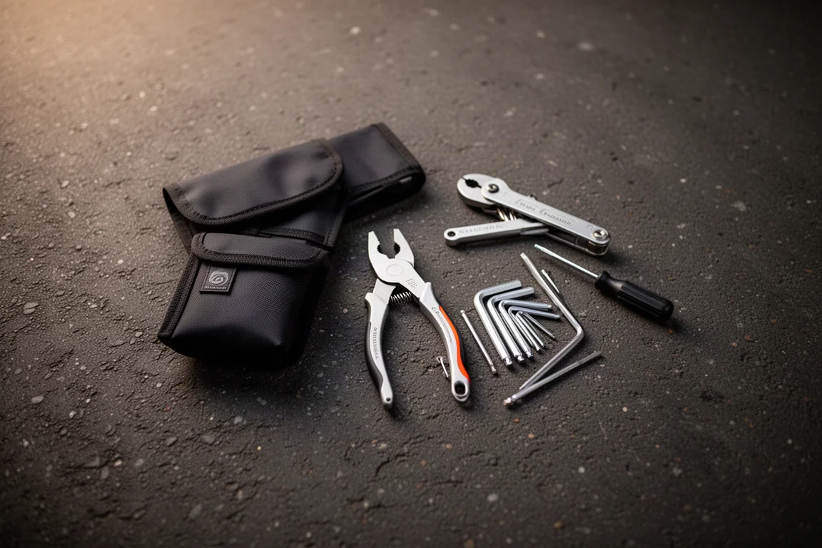 Compact motorcycle tool kit laid out on a garage floor
