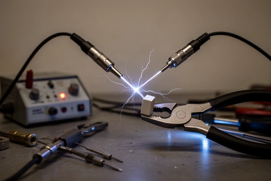 High-frequency generator arcs toward the insulator held in insulated pliers
