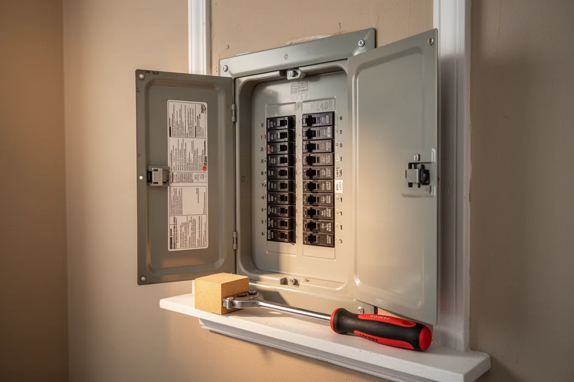 Open electrical panel with a hand tool and insulator laid out beside it